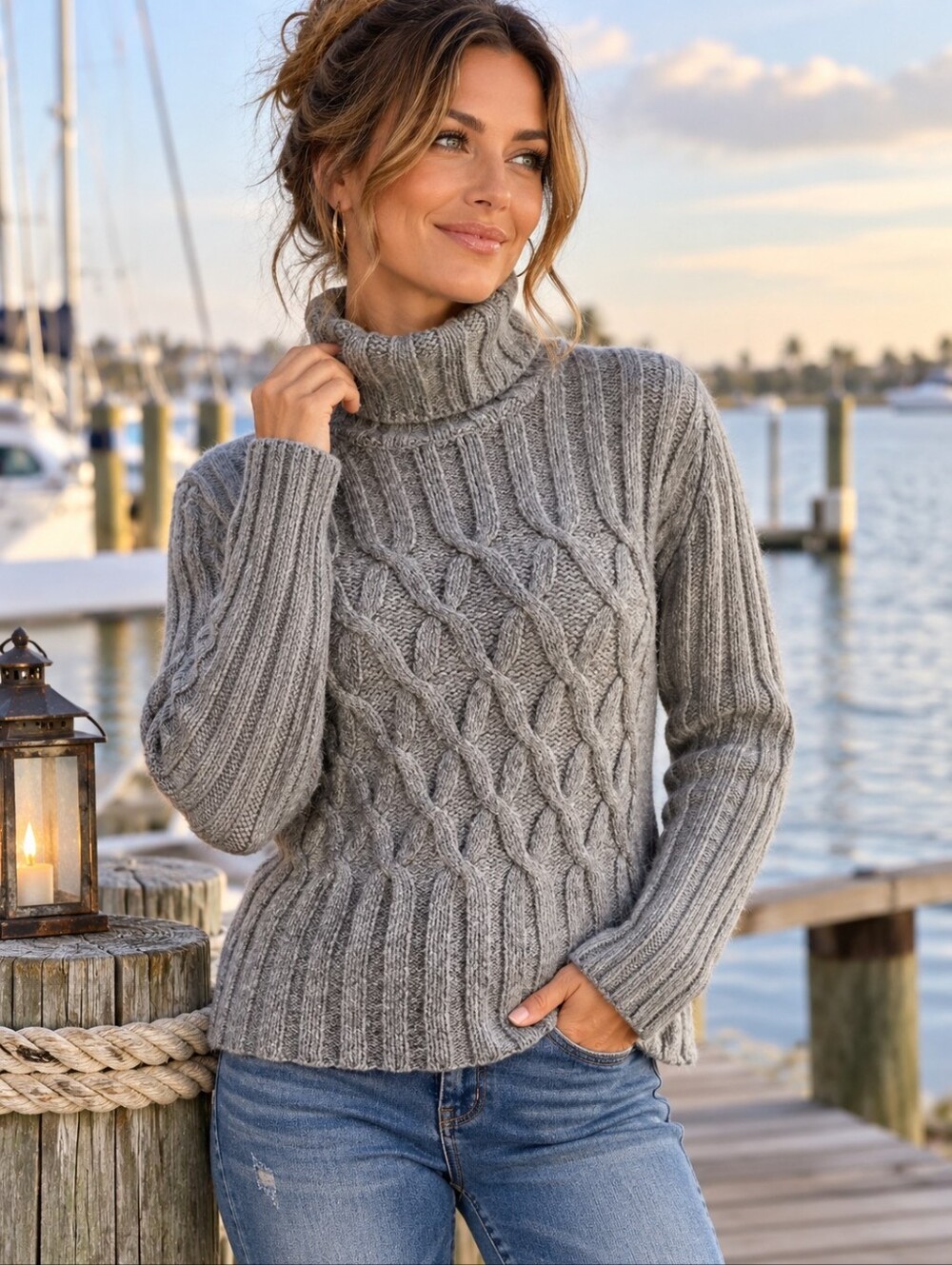 Fisherman Out of Ireland Gray Sweater Wool Cashmere Turtleneck Cable Knit Small